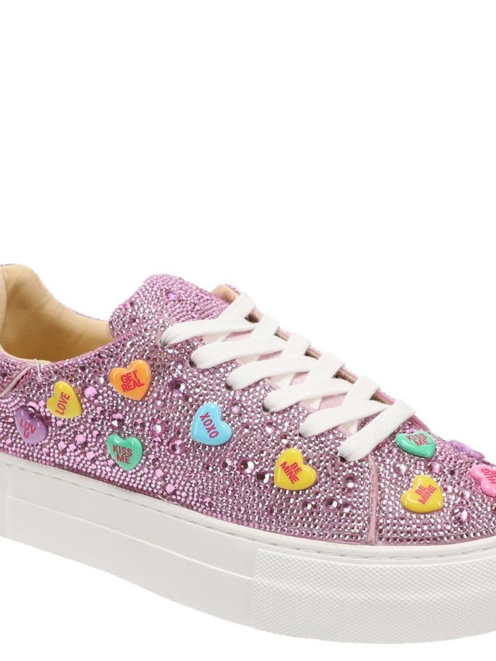 Betsey Johnson Pink Glitter Platform Sneakers with Multicolor Heart Charms